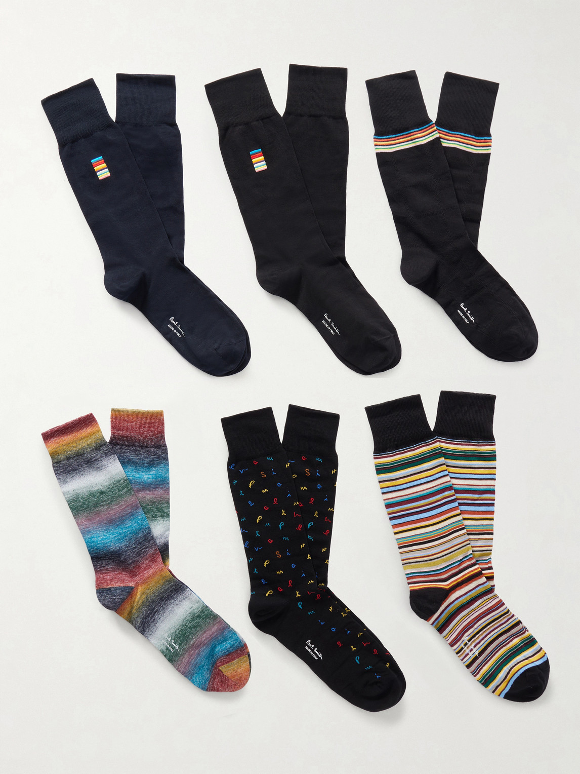 Paul Smith Pack of Six Embroidered Striped Cotton-Blend Socks - Men