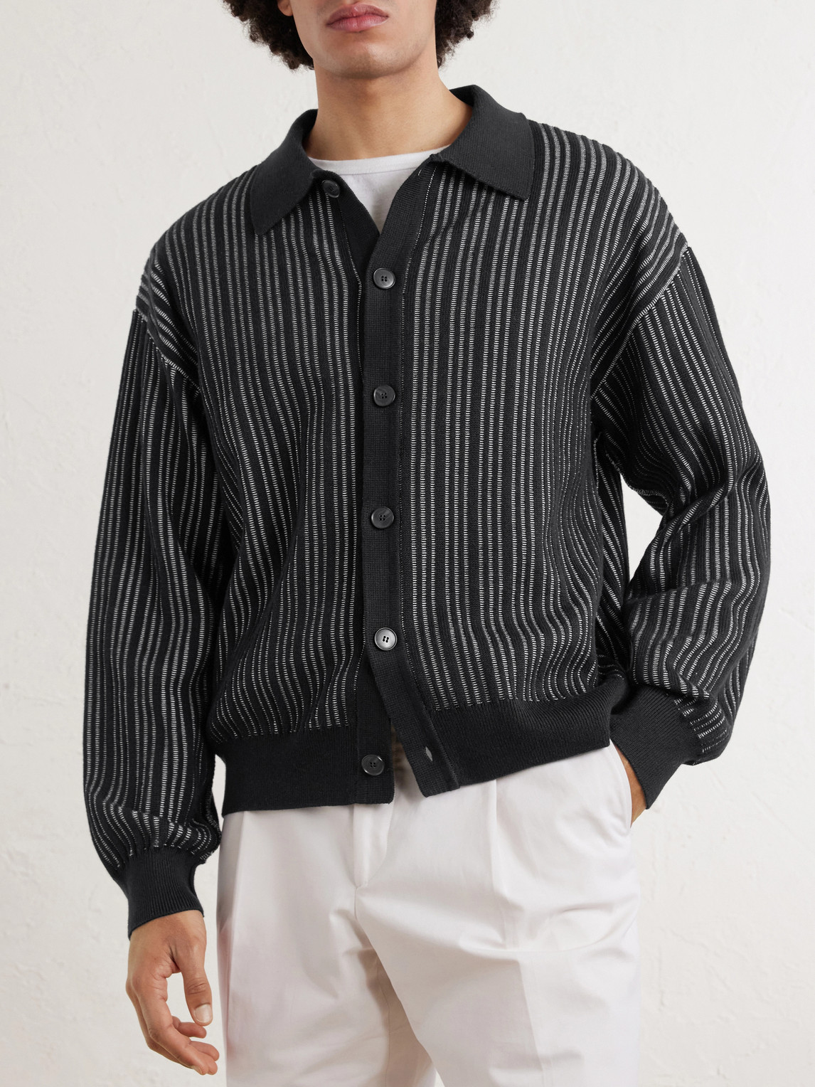 Formal Striped Ribbed Cotton Cardigan