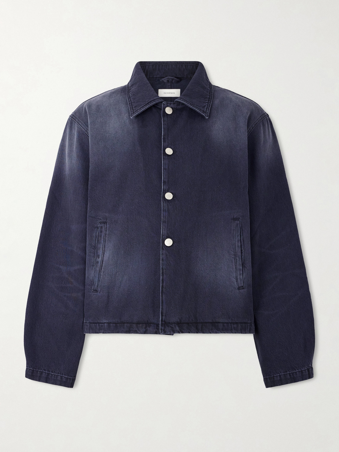 Mfpen Union Cropped Garment-dyed Organic Denim Jacket In Blue