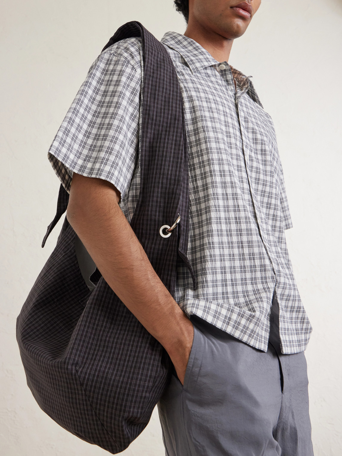  Mfpen - Eyelet Checked Cotton And Linen-blend Canvas Shoulder Bag - Men - Brown 