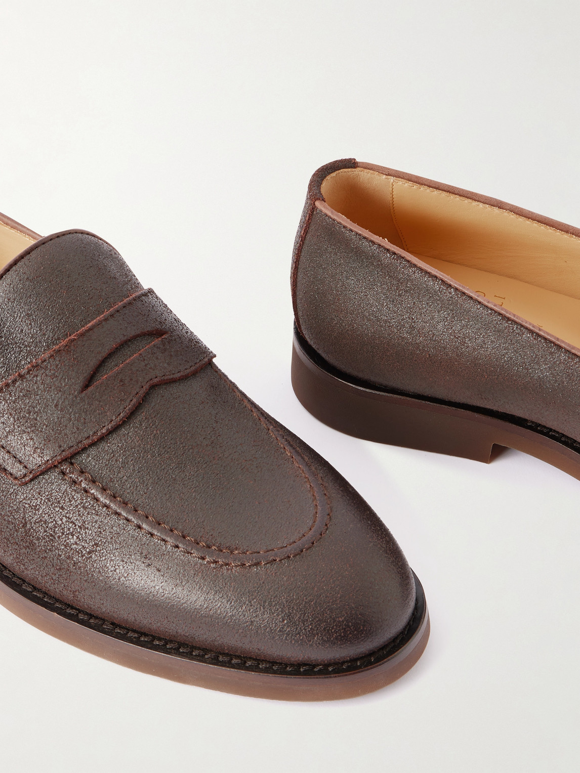 Brunello Cucinelli Flex Waxed-suede Penny Loafers In Brown