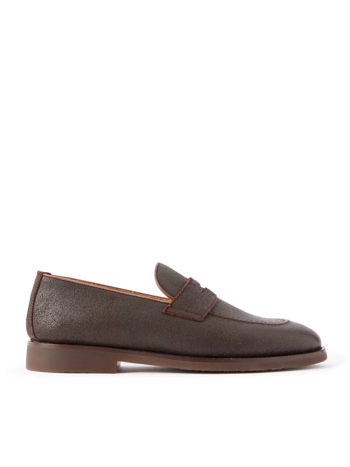 Brunello Cucinelli Flex Waxed-suede Penny Loafers In Brown
