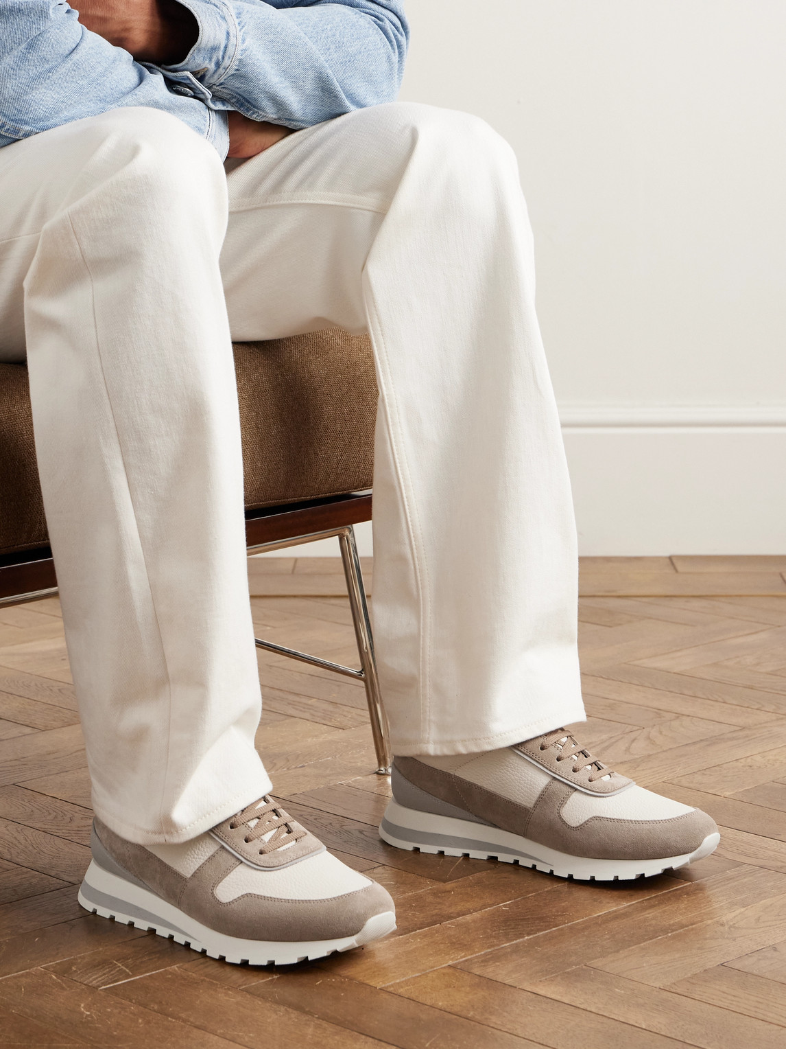 Brunello Cucinelli Olimpo Suede-trimmed Full-grain Leather Sneakers In Neutral