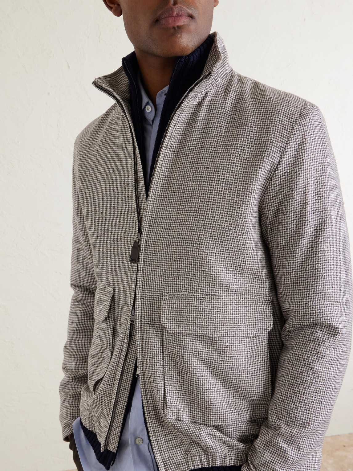 Houndstooth Linen-Blend Bomber Jacket