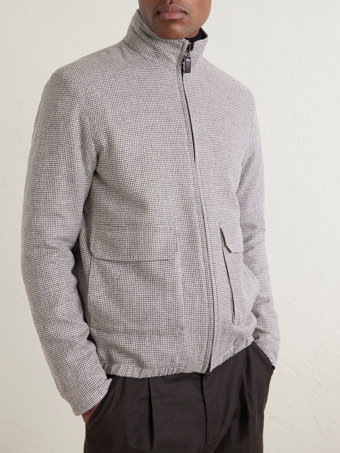 Houndstooth Linen-Blend Bomber Jacket