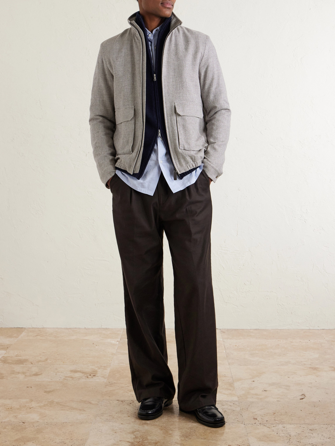 Houndstooth Linen-Blend Bomber Jacket