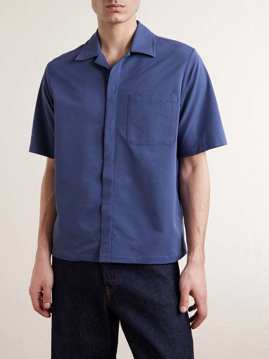  Herno - Seercrease Jersey Bowling Shirt - Men - Blue - It 46 