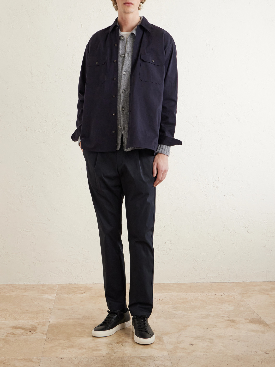 Tapered Pleated Stretch-Twill Trousers