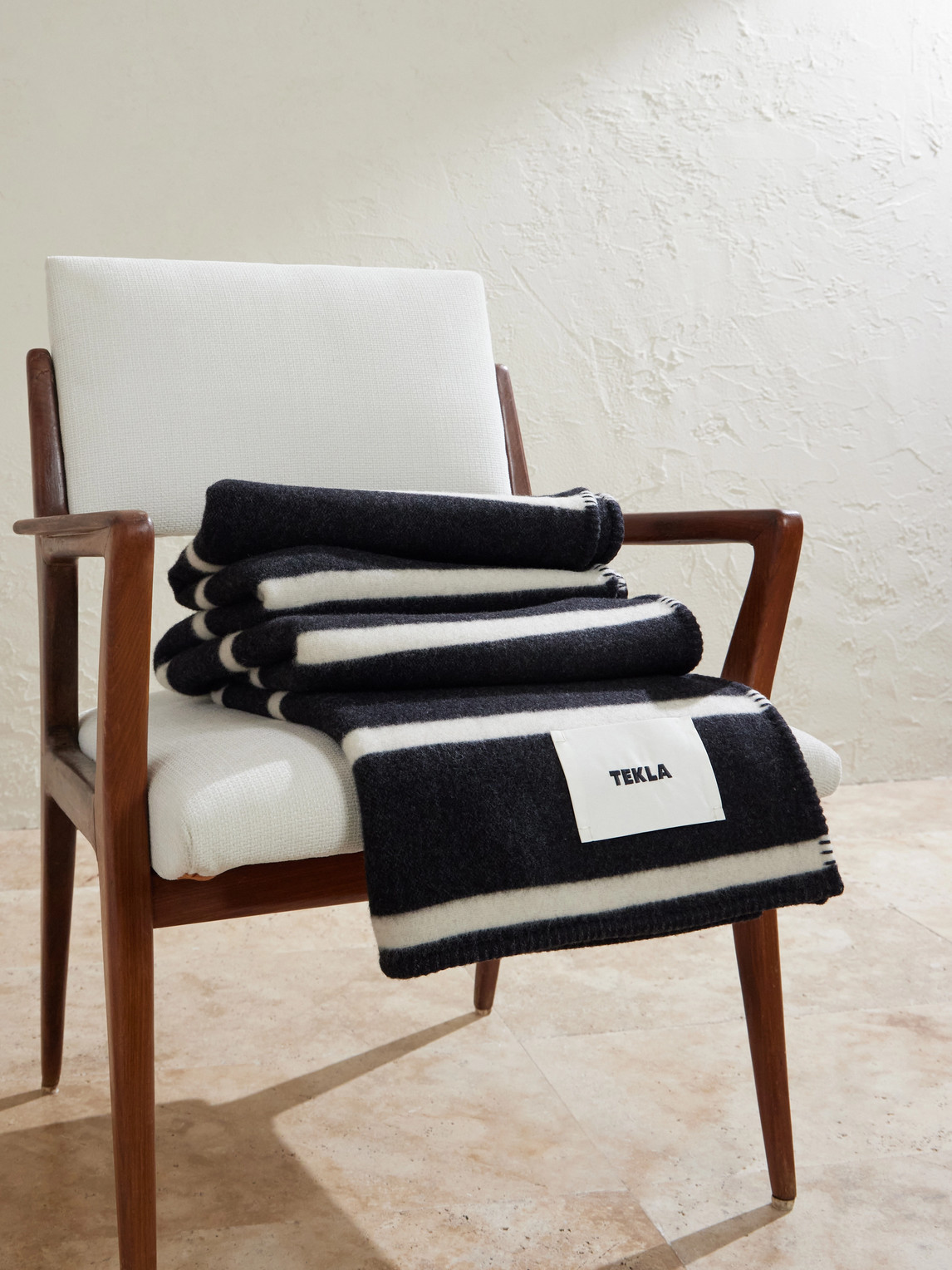 Tekla Logo-appliquéd Striped Wool Blanket In Black