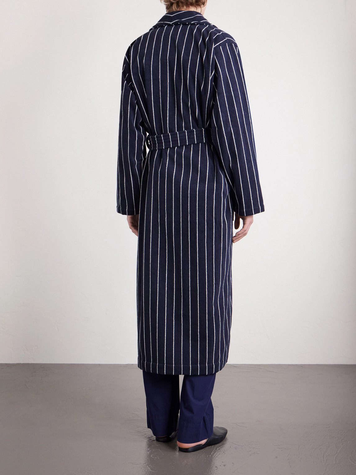 Tekla Belted Striped Organic Cotton-terry Robe In Black