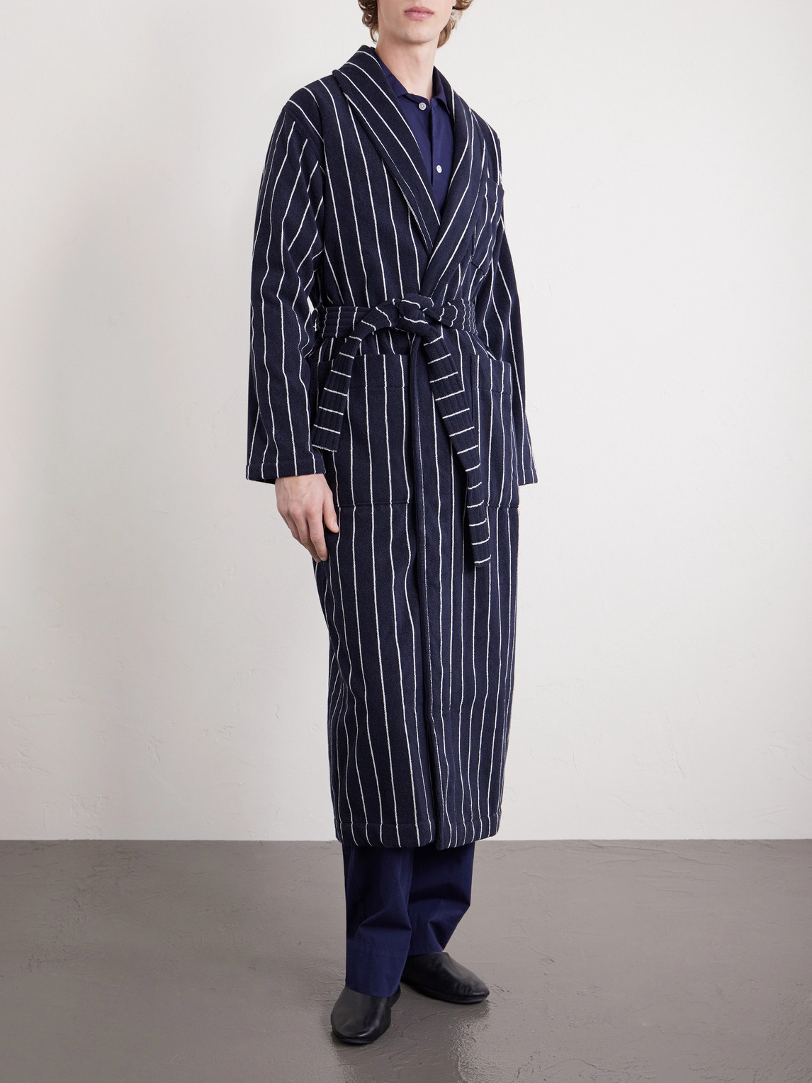 Tekla Belted Striped Organic Cotton-terry Robe In Black