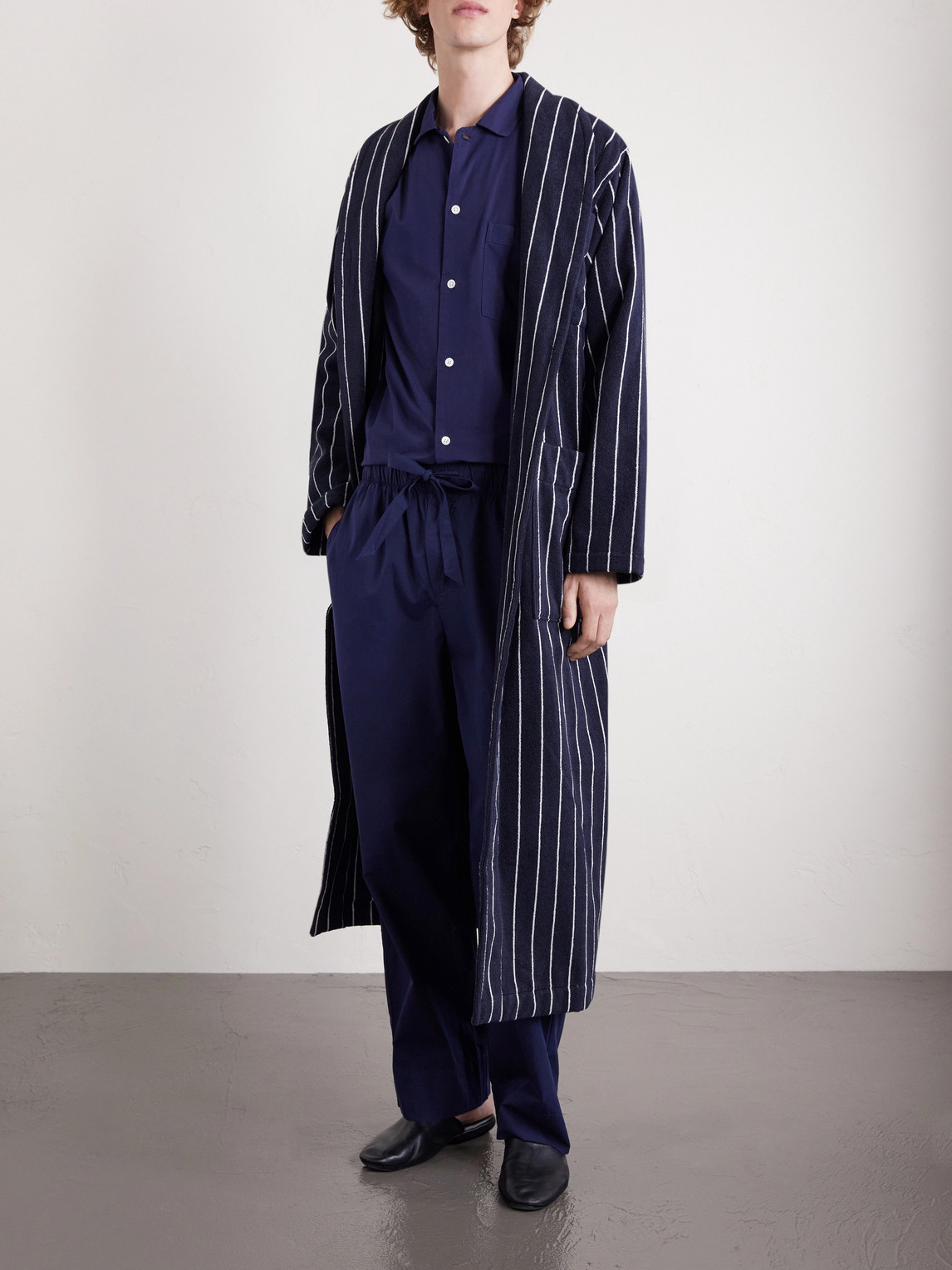 Tekla Belted Striped Organic Cotton-terry Robe In Black