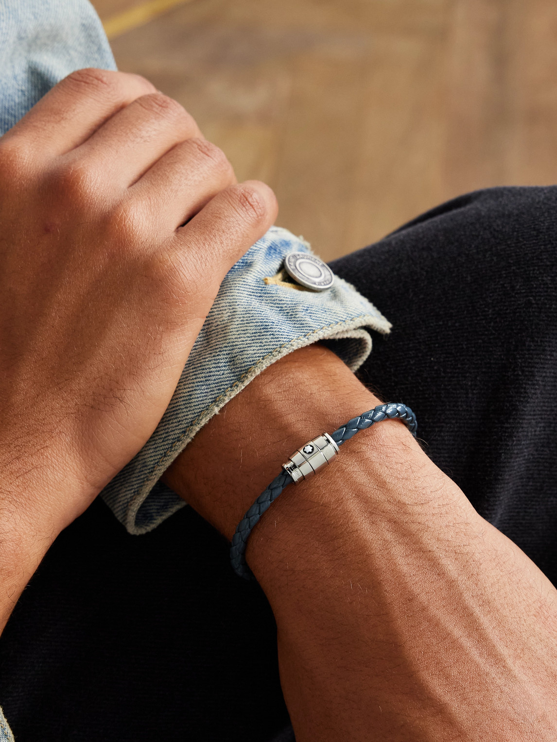 Montblanc Meisterstück 3-ring Stainless Steel And Woven Leather Bracelet In Blue