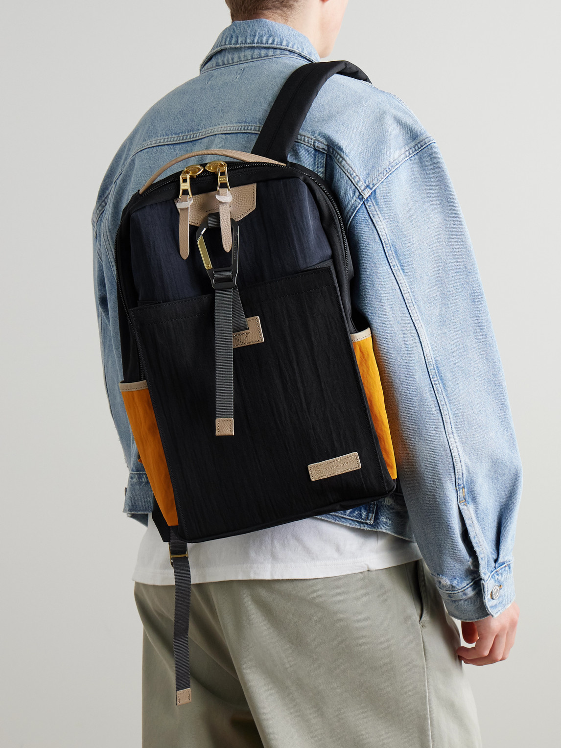 Master-piece Link Colour-block Leather And Webbing-trimmed Nylon Backpack In Black