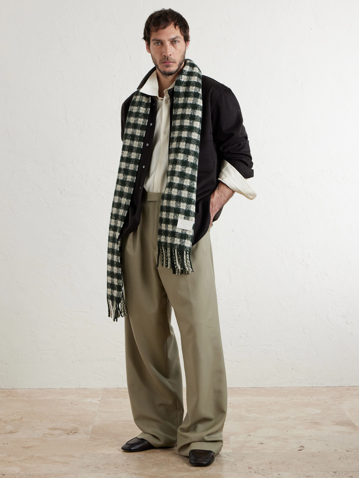  Acne Studios - Fringed Logo-appliquéd Leather-trimmed Knitted Scarf - Men - Green 