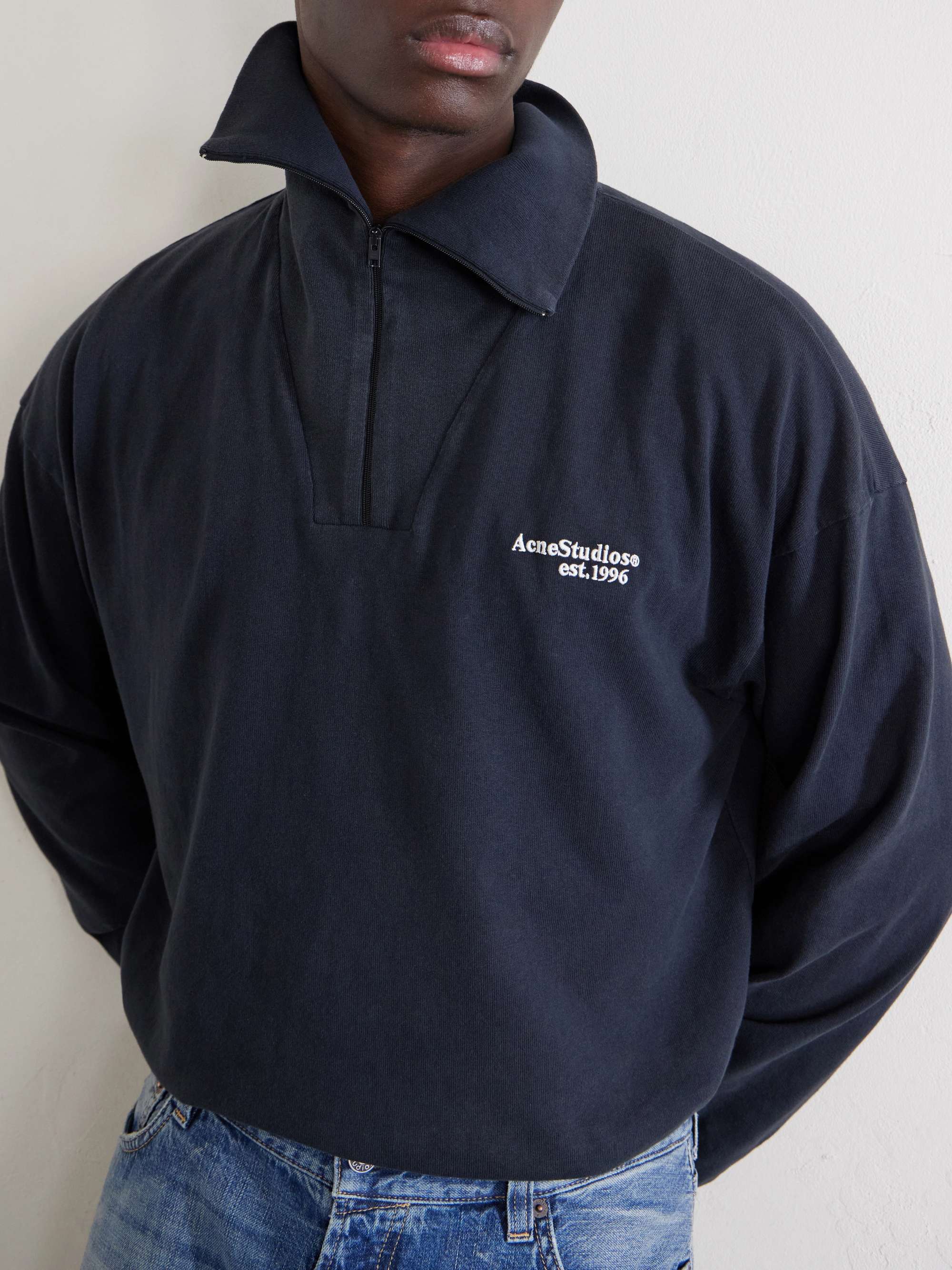 ACNE STUDIOS Logo-Embroidered Cotton Half-Zip Sweater for Men | MR