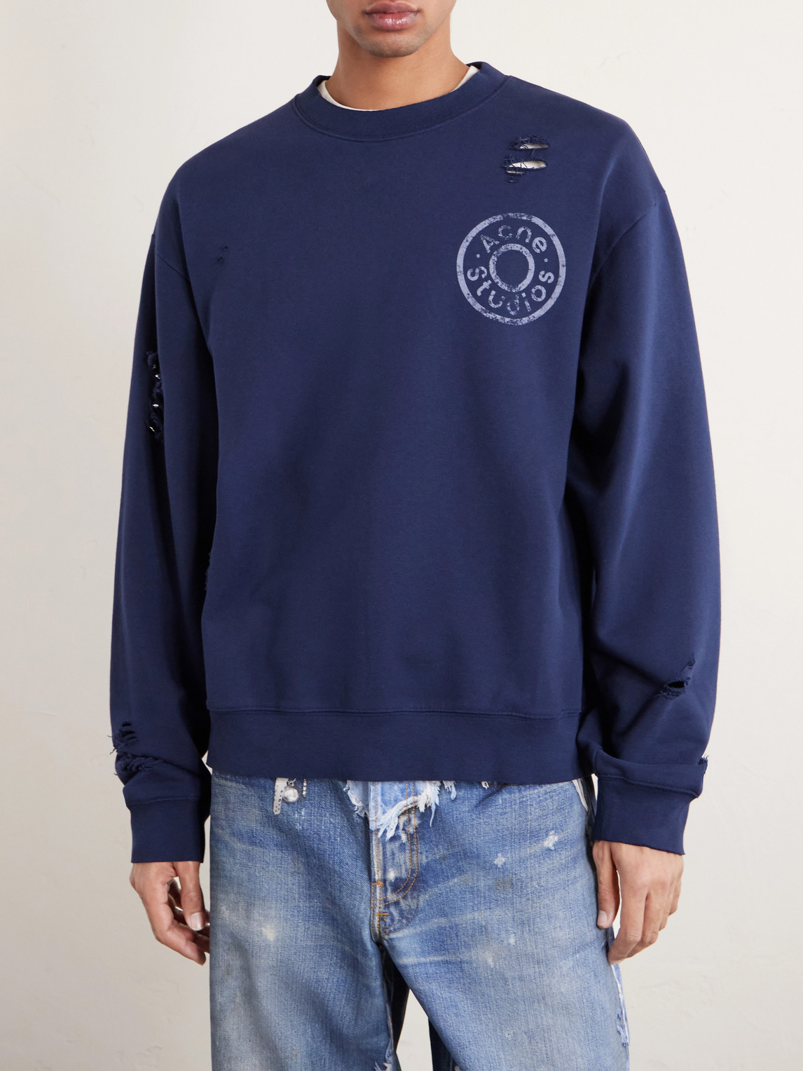  Acne Studios - Franziska Oversized Distressed Logo-print Cotton-blend Jersey Sweatshirt - Men - Blue - S 