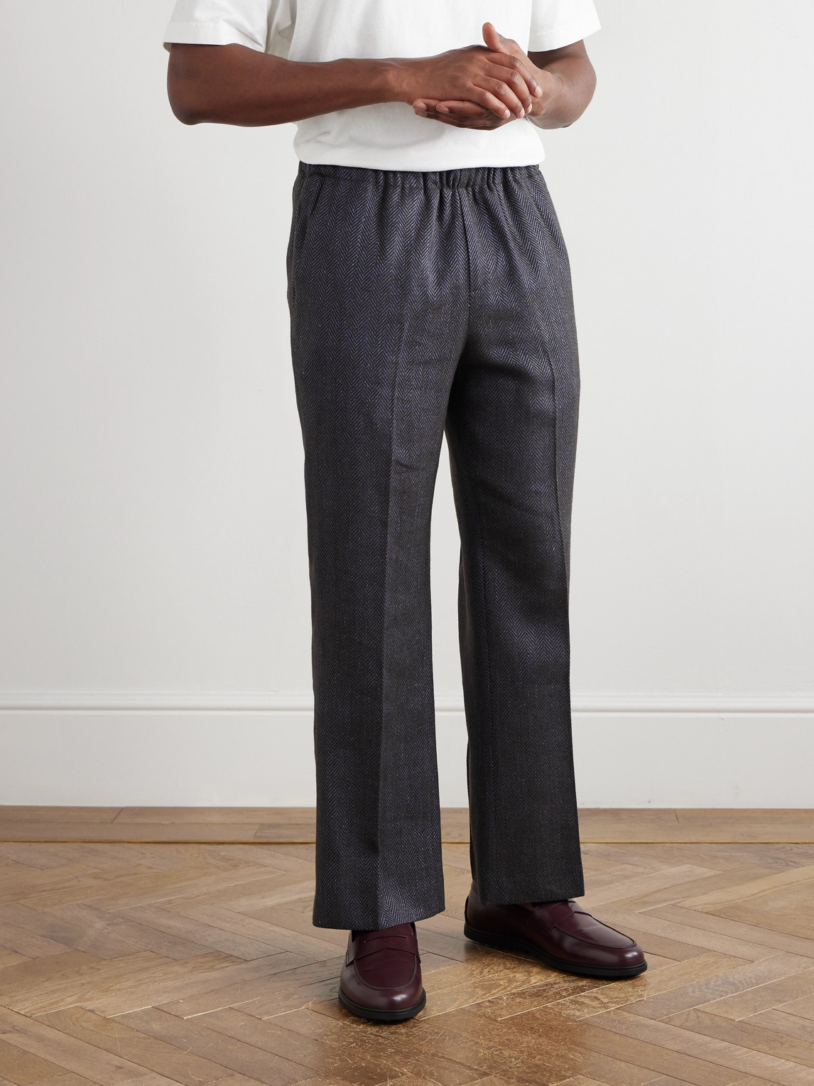Piacenza 1733 Straight-leg Herringbone Wool, Linen And Cashmere-blend Trousers In Gray