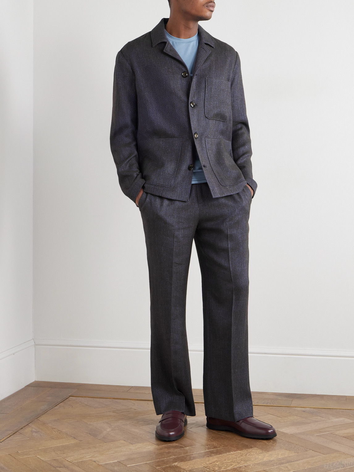Piacenza 1733 Straight-leg Herringbone Wool, Linen And Cashmere-blend Trousers In Gray
