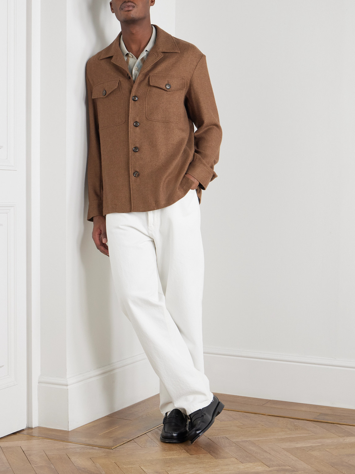 Piacenza 1733 Herringbone Wool-linen Overshirt With Classic Collar In Brown