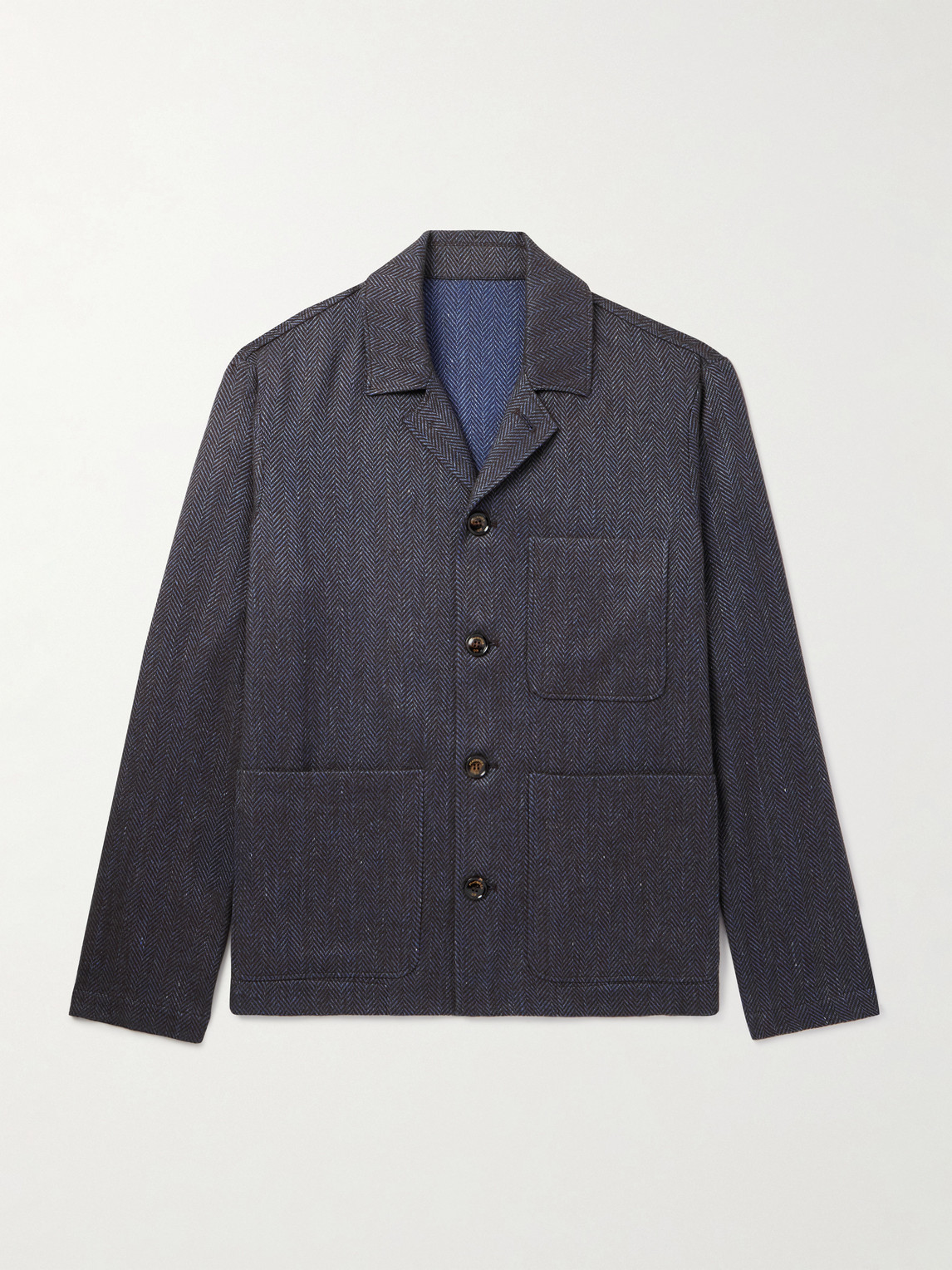 Piacenza 1733 Herringbone Wool, Linen And Cashmere-blend Overshirt In Blue