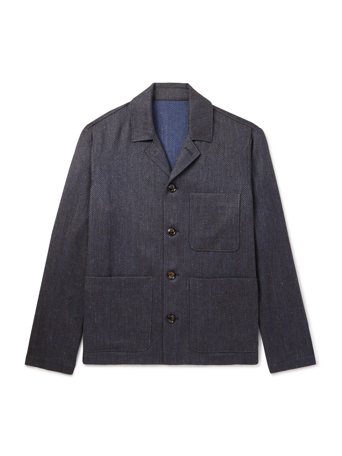 Piacenza 1733 Herringbone Wool, Linen And Cashmere-blend Overshirt In Blue