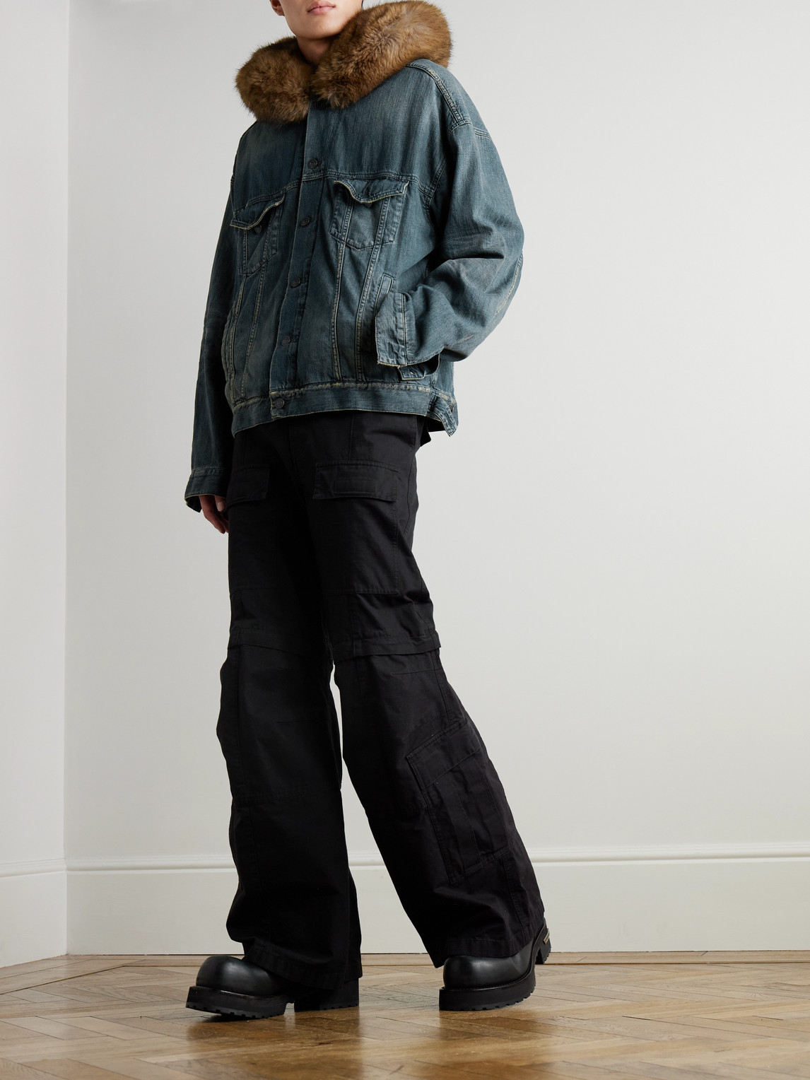 Plush-Trimmed Hooded Denim Jacket
