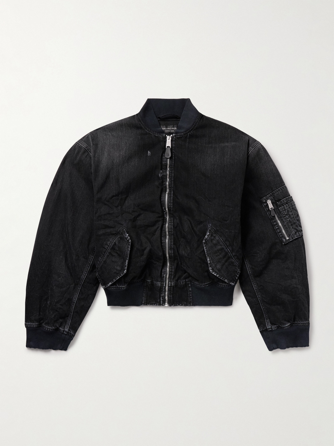 Balenciaga Distressed Denim Bomber Jacket In Black