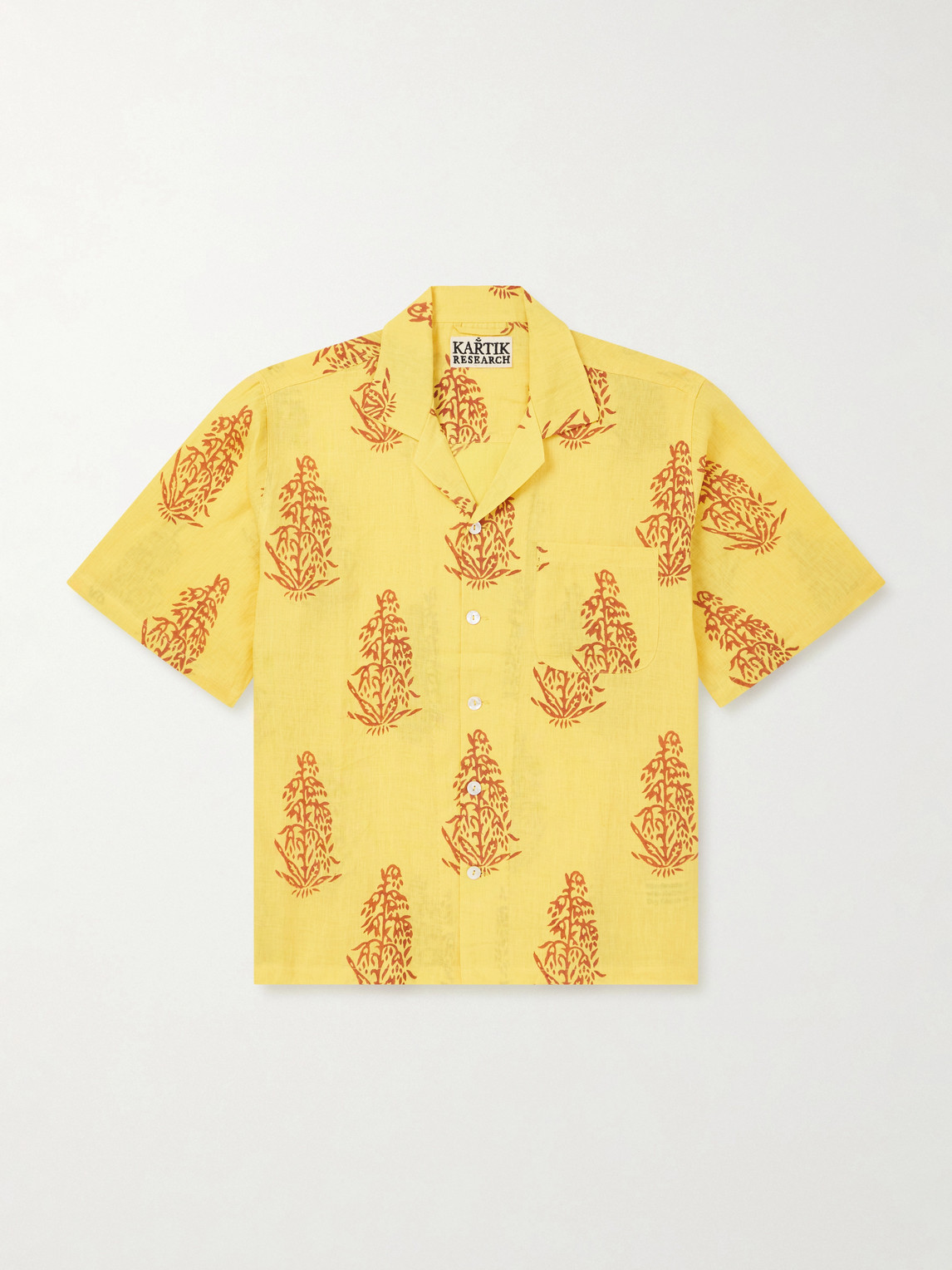 Kartik Research Camp-collar Printed Linen Shirt In Yellow