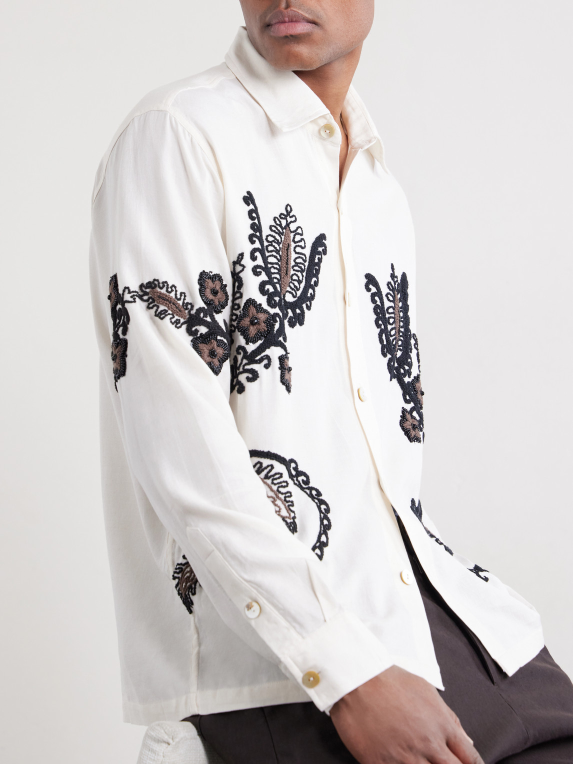 Bead-Embellished Embroidered Cotton-Poplin Shirt