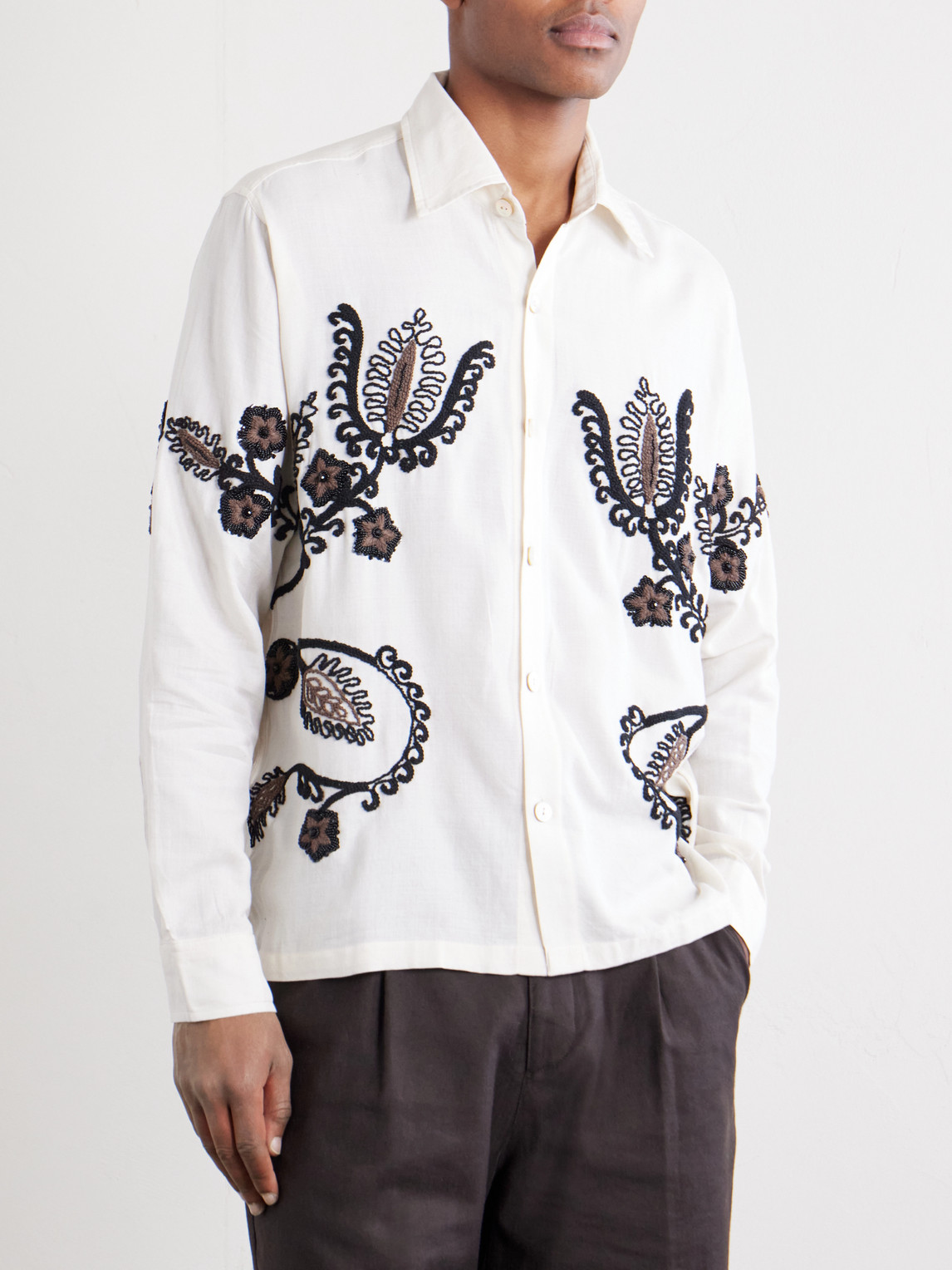 Bead-Embellished Embroidered Cotton-Poplin Shirt