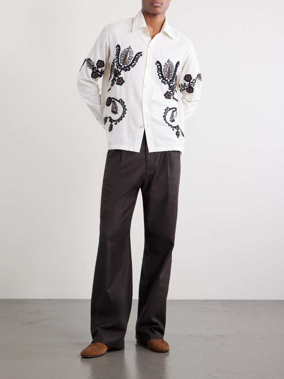 Bead-Embellished Embroidered Cotton-Poplin Shirt