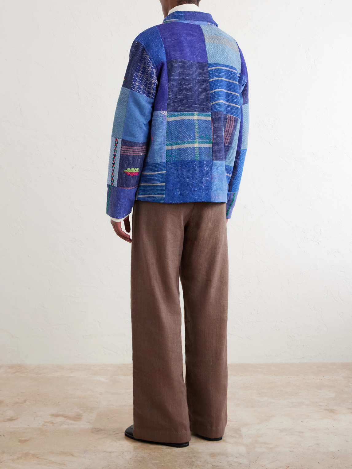  Kartik Research - Kantha Patchwork Embroidered Cotton Jacket - Men - Blue - L 