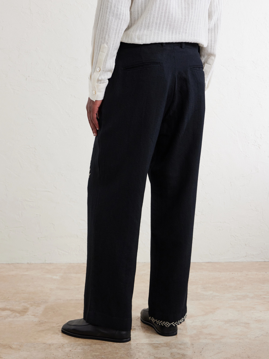 Straight-Leg Pleated Embroidered Wool Trousers