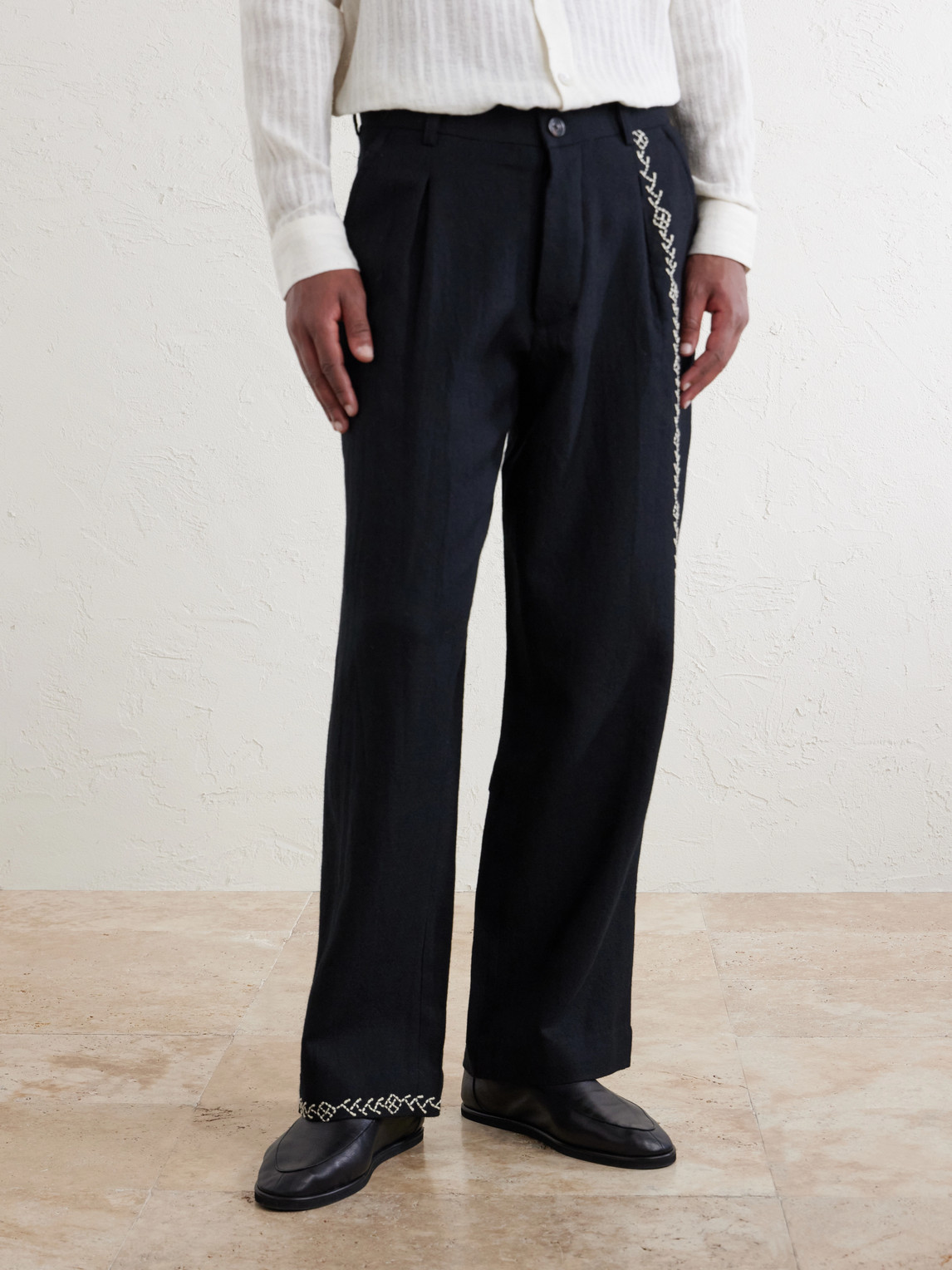 Straight-Leg Pleated Embroidered Wool Trousers