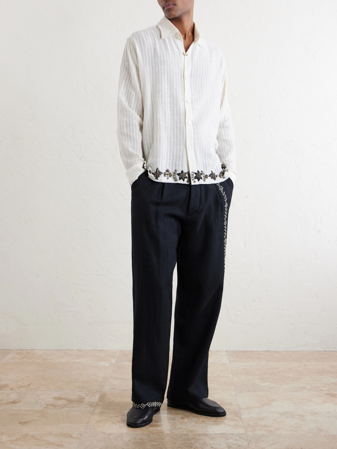Straight-Leg Pleated Embroidered Wool Trousers
