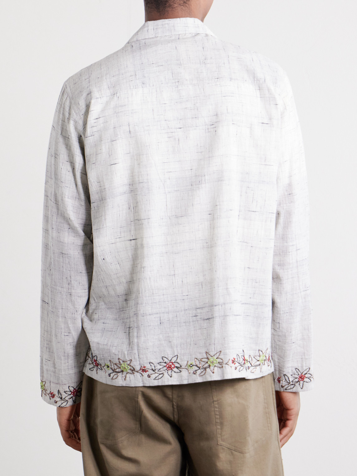 Camp-Collar Bead-Embellished Embroidered Cotton-Voile Shirt