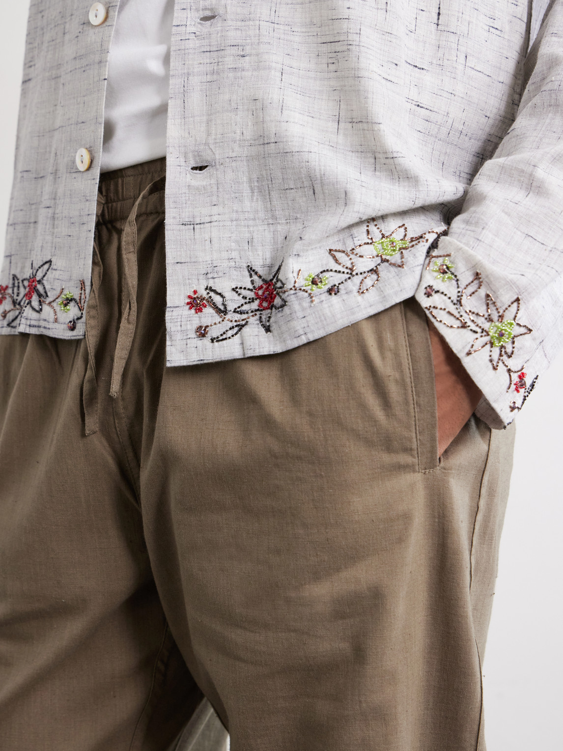 Camp-Collar Bead-Embellished Embroidered Cotton-Voile Shirt
