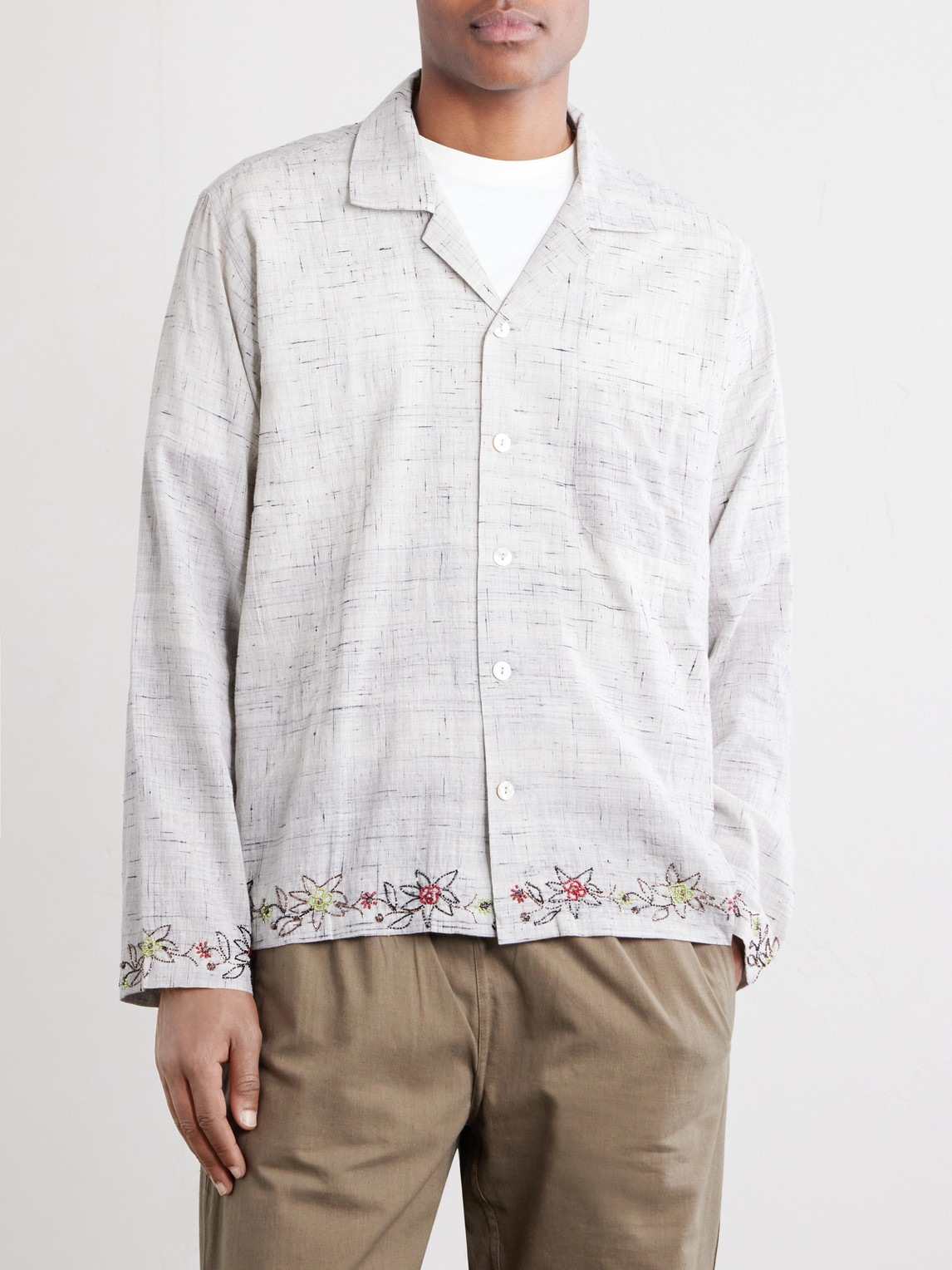 Camp-Collar Bead-Embellished Embroidered Cotton-Voile Shirt