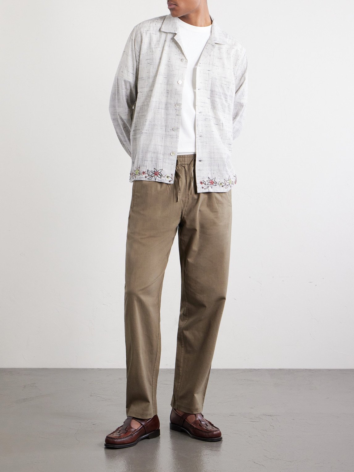 Camp-Collar Bead-Embellished Embroidered Cotton-Voile Shirt