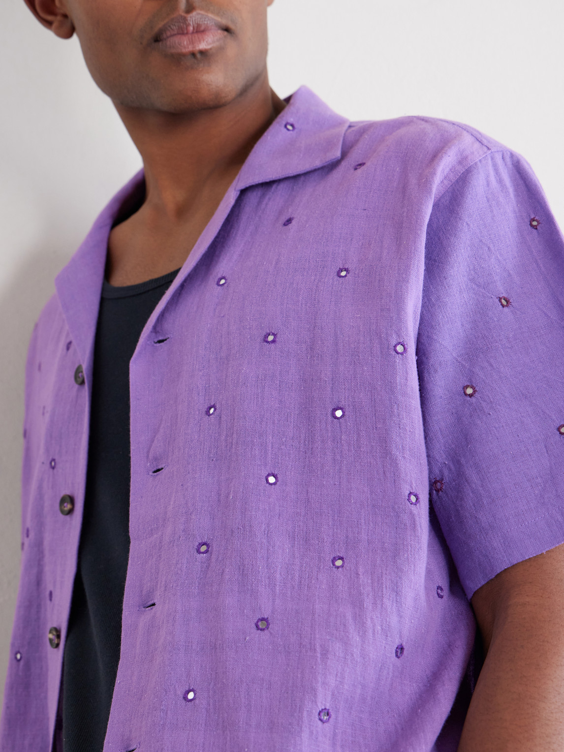 Camp-Collar Embellished Cotton Shirt
