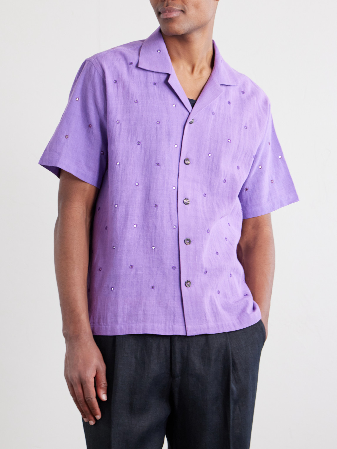 Camp-Collar Embellished Cotton Shirt
