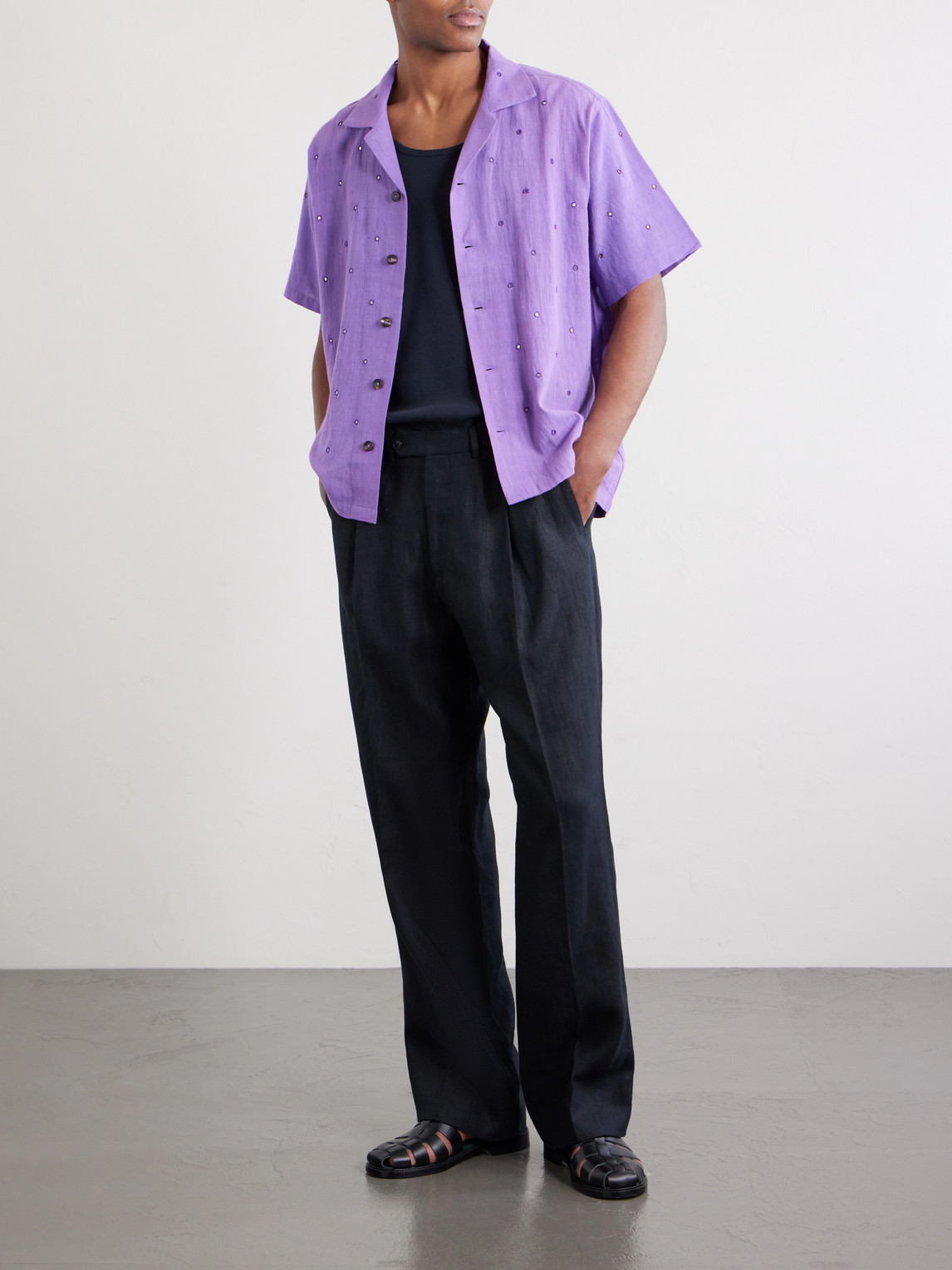 Camp-Collar Embellished Cotton Shirt
