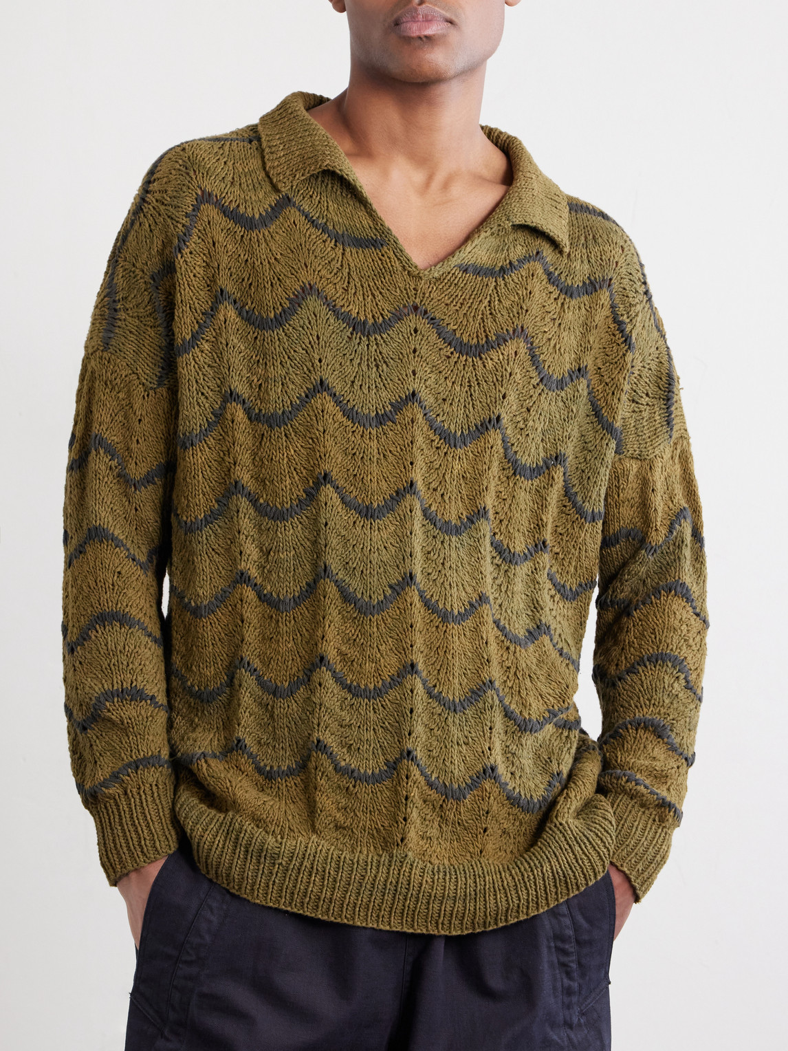  Kartik Research - Striped Knitted Cotton Polo Sweater - Men - Green - S 