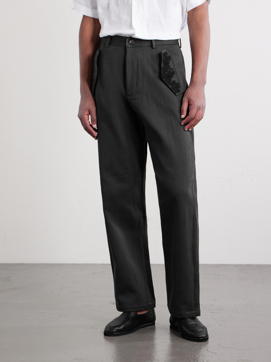 Straight-Leg Embroidered Cotton-Twill Trousers