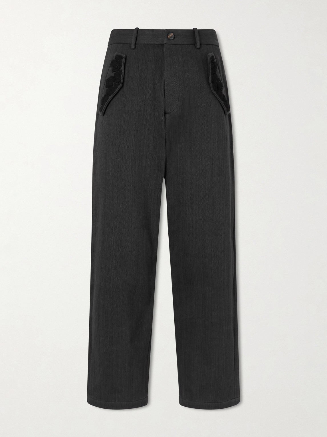 Kartik Research Straight-leg Embroidered Cotton-twill Trousers In Black