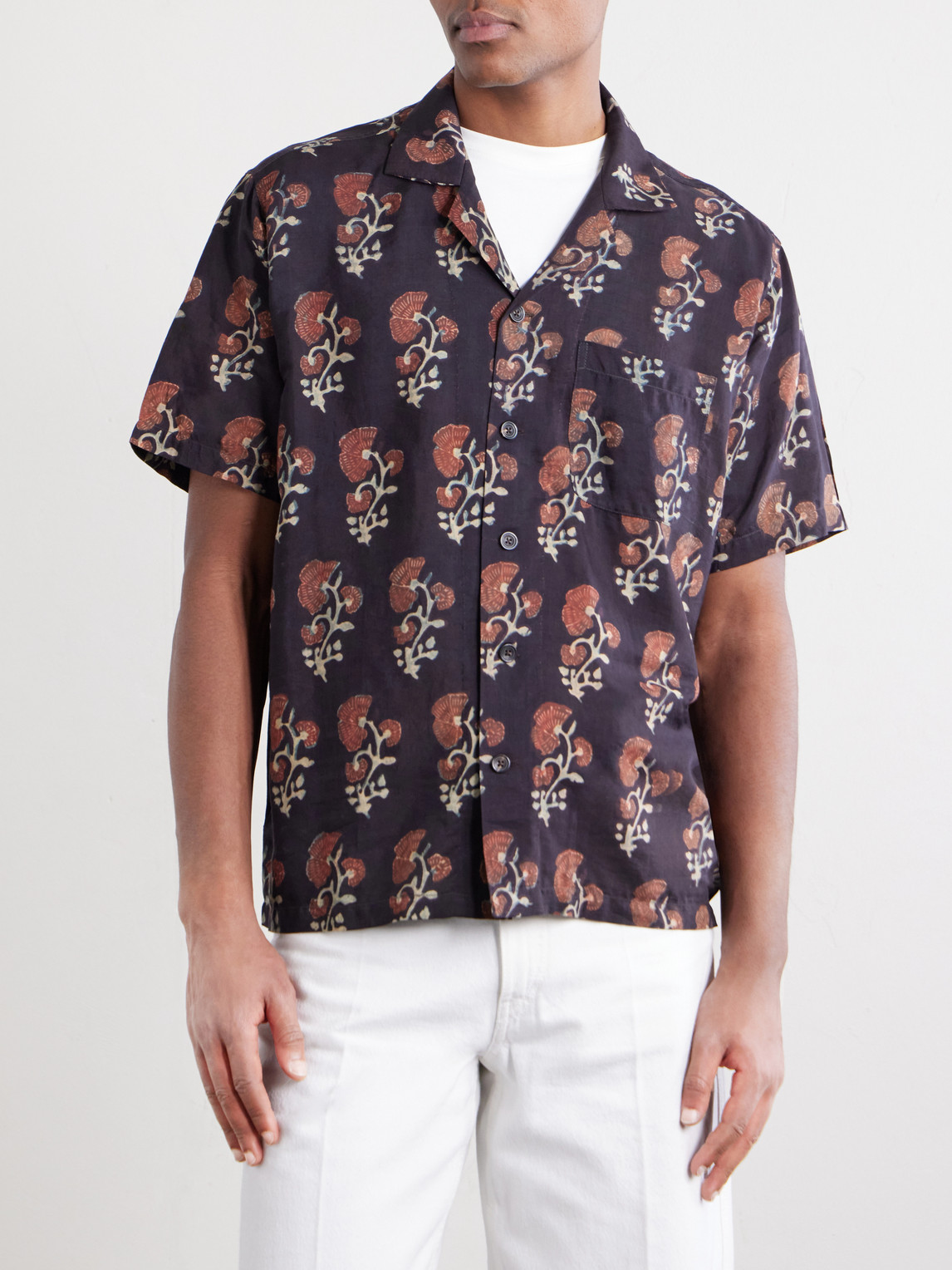 Camp-Collar Floral-Print Silk Shirt