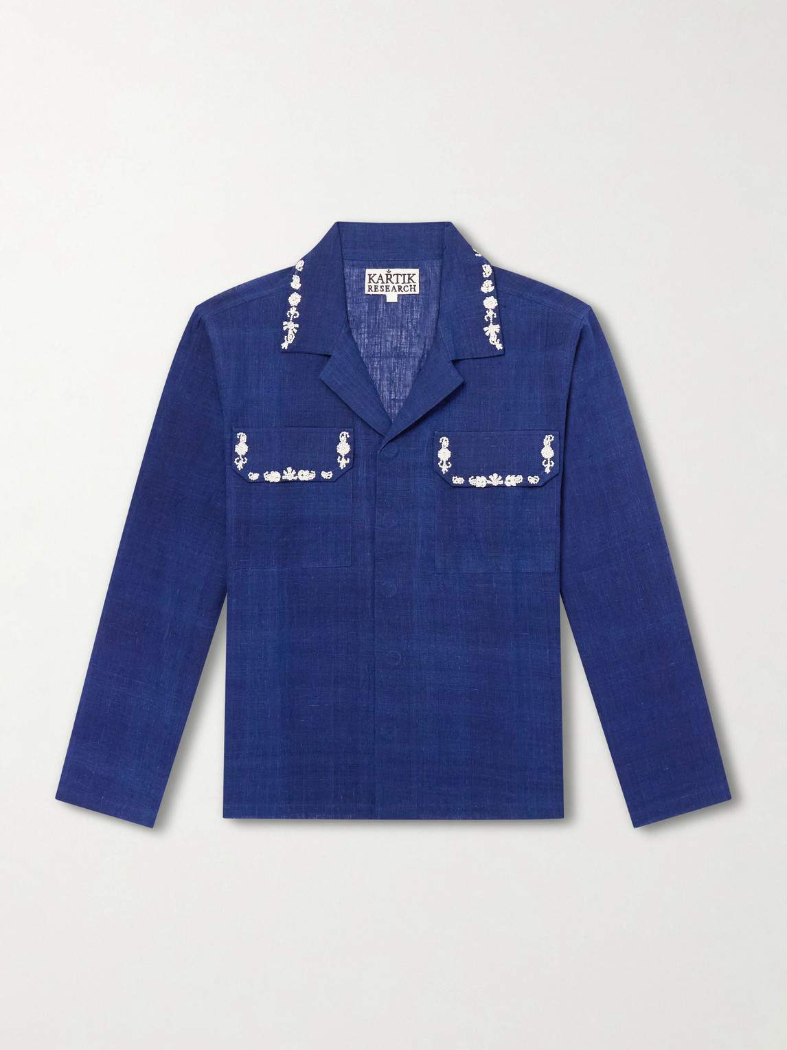 Kartik Research Surya Camp-collar Embellished Embroidered Cotton Shirt In Blue