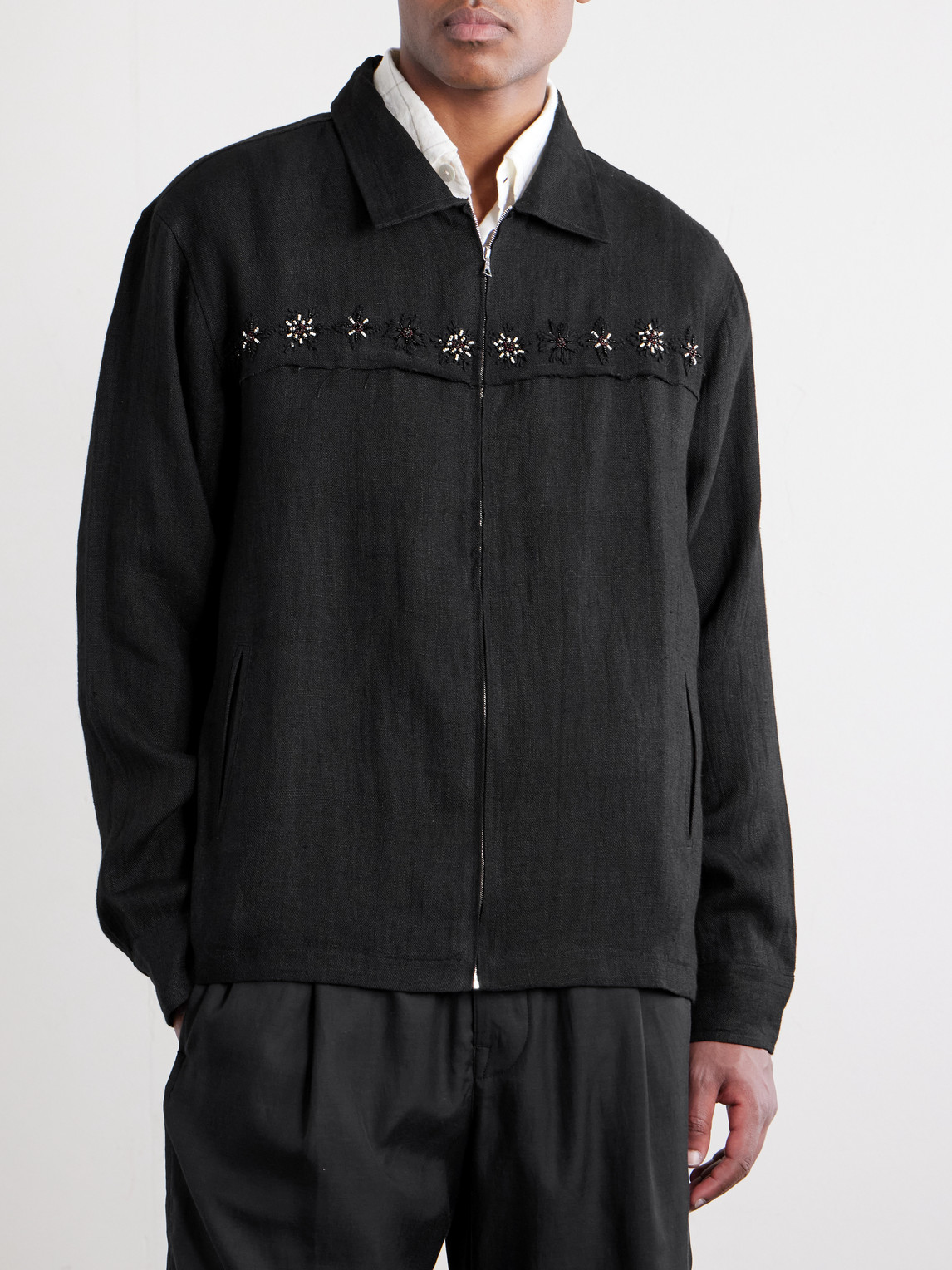  Kartik Research - Embroidered Linen Jacket - Men - Black - S 