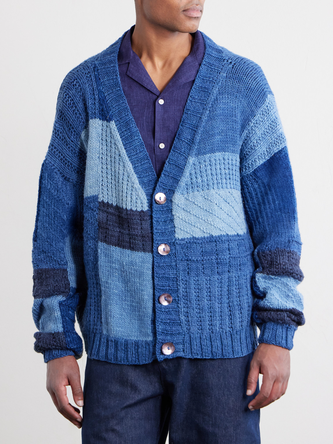  Kartik Research - Patchwork Cable-knit Wool Cardigan - Men - Blue - S 